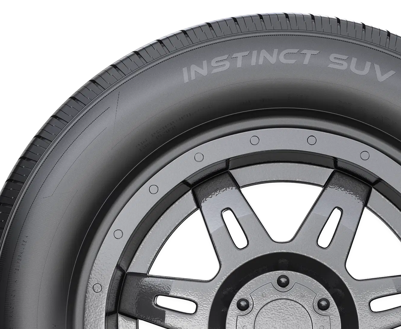 Close-up of Instinct SUV tire showcasing tread design and stylish rim for enhanced performance and traction.
