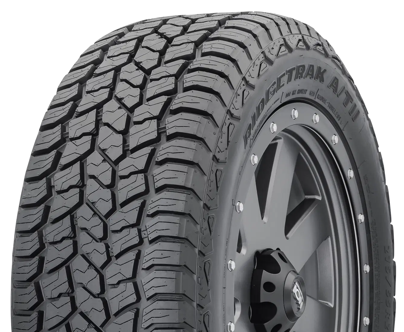 All terrain tires with rugged tread designed for off-road performance on various terrains.