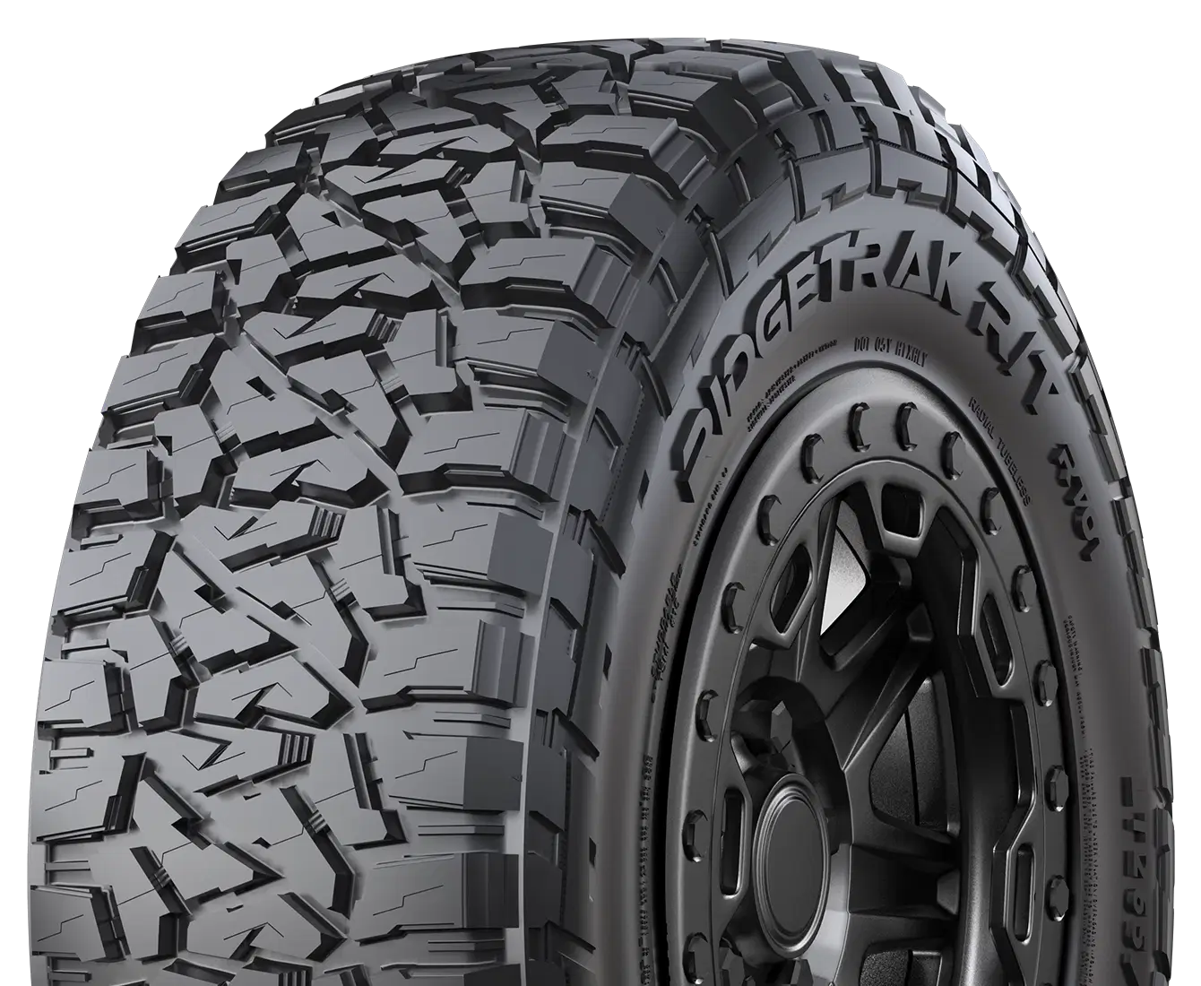 Performance tire with deep grooves designed for off-road traction and rugged all terrain vehicles.