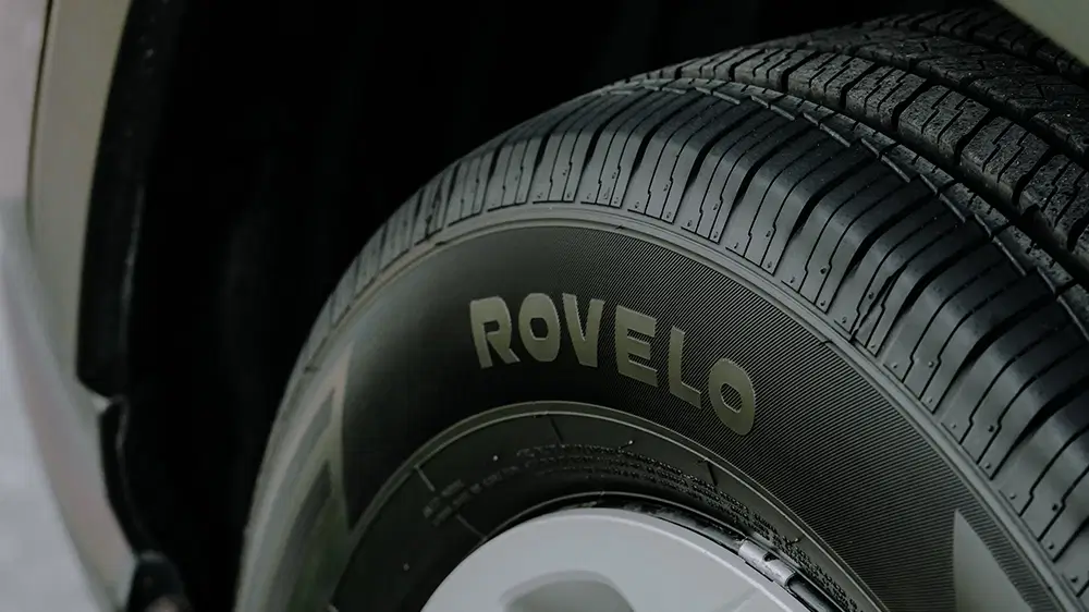 Close-up of Rovelo tires showing tread design, ideal for all terrain vehicles and optimal performance.