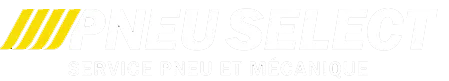 PNEUSELECT logo with yellow diagonal stripes and text SERVICE PNEU ET MECANIQUE indicating tires and mechanical service